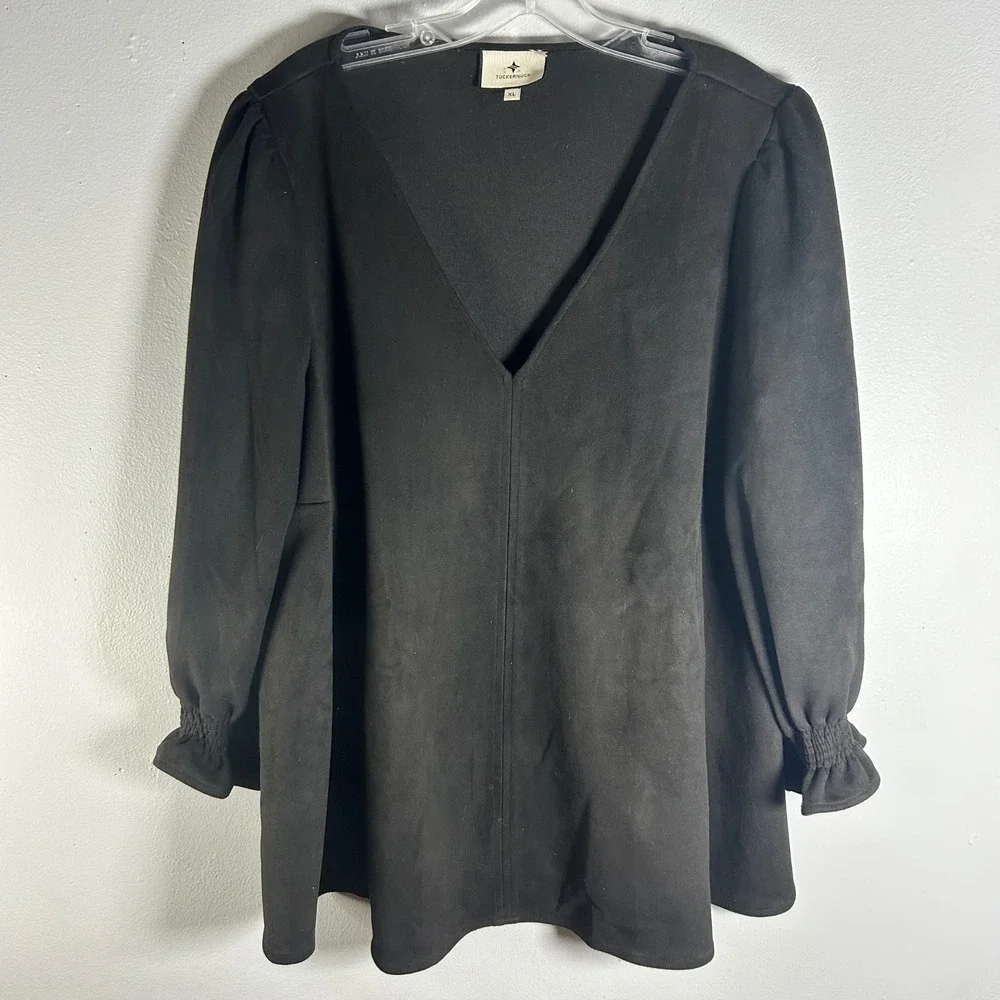Tuckernuck Women Easton Blouse‎ Top Size XL Faux Suede Peasant Preppy Boho Black